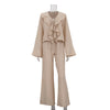 Casual Ruffled V Neck Lace Up Top & Loose Wide Leg Pants