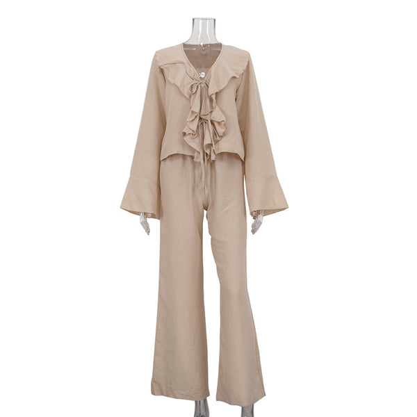 Casual Ruffled V Neck Lace Up Top & Loose Wide Leg Pants