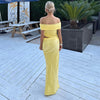 Canary Yellow Off Neck Mesh Stitch Pleated Dress