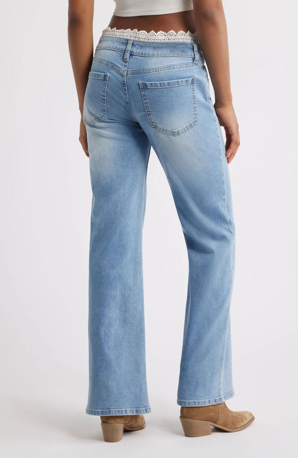 Lace Washed Natural Denim Jeans