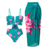 Turquoise Pink Flower Split Three Piece Bikini Swimsuit with Chiffon Dress