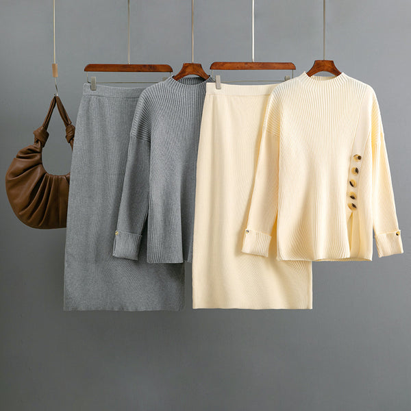 Side Slit Tortoise Button Sweater & Skirt