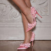 Rhinestone Bow Ruffle Satin High Heel Shoes