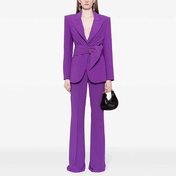 Purple Asymmetric Belt Blazer & Pants