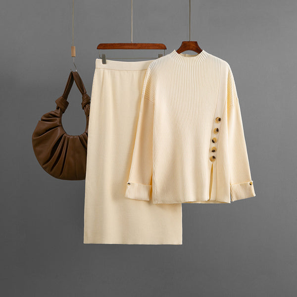 Side Slit Tortoise Button Sweater & Skirt