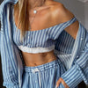 Blue Striped Long Sleeve Cardigan Casual Set