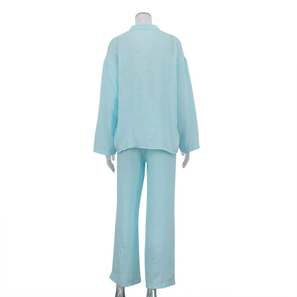 Cotton Champray & Lace up Cardigan Top Loose & Pants