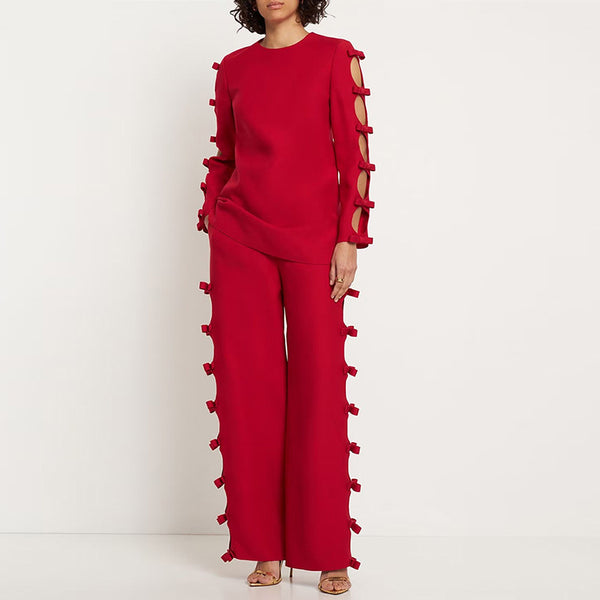 Hollow Out Bow Long-Sleeved Top & Straight Leg Pants