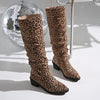 Retro Western Leopard Denim Long Tube Boots