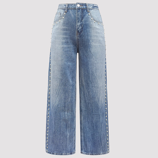Magic Metal Rivet White Pearl Straight Leg Denim