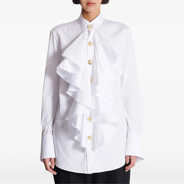 Slim Ruffle White Long Sleeve Shirt
