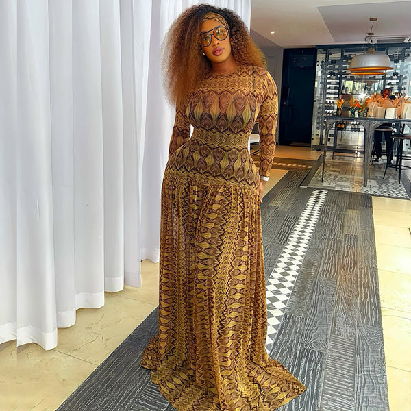 Elegant Retro Gold Lace Look Dress