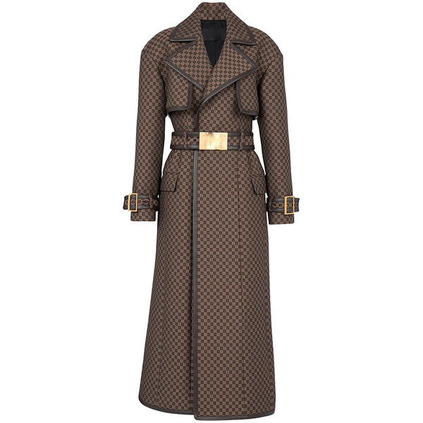 Star Belted Jacquard Maze Pattern Long Trench Coat