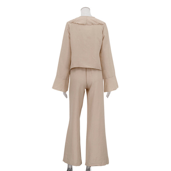 Casual Ruffled V Neck Lace Up Top & Loose Wide Leg Pants