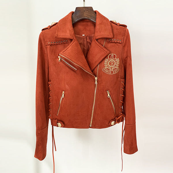 Rhinestone Tied Rope Suede Motorcycle Jacket