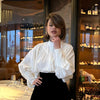 White Casual Loose Puff Sleeve Pleated Shirt