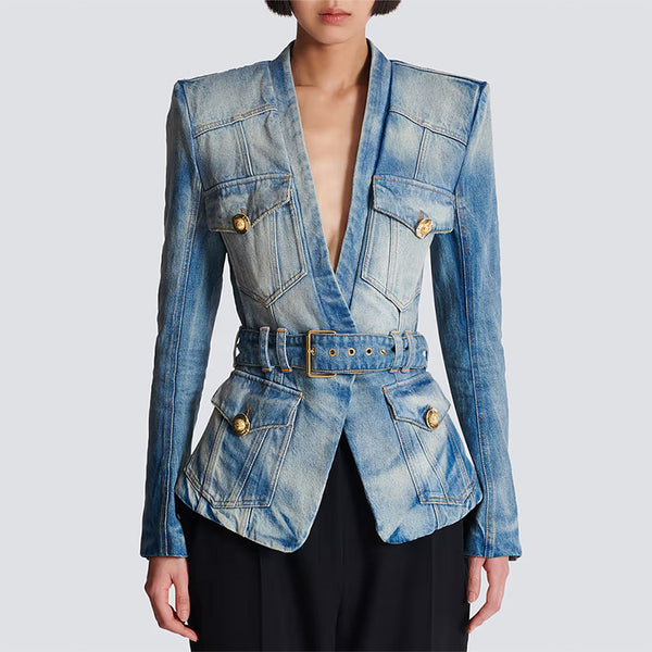 Autumn Star Collection Slim Fit Belt Washed Denim Blazer Jacket