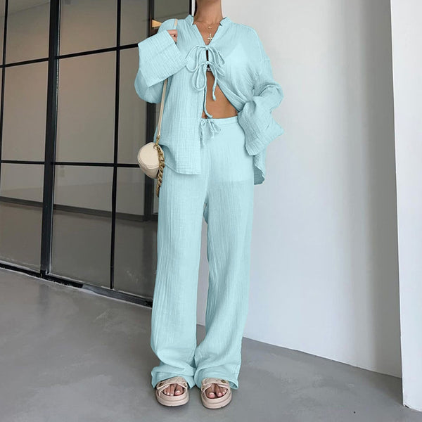 Cotton Champray & Lace up Cardigan Top Loose & Pants