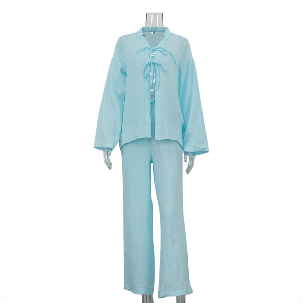 Cotton Champray & Lace up Cardigan Top Loose & Pants