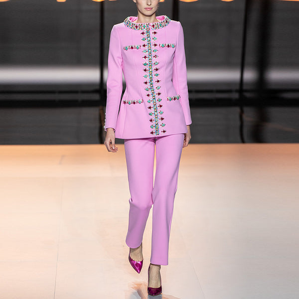 Pink Beaded Diamond Jacket & Skinny Pants