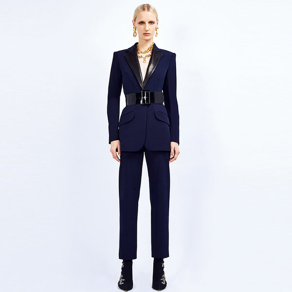Leather Patchwork Collar Belt Pant & Blazer