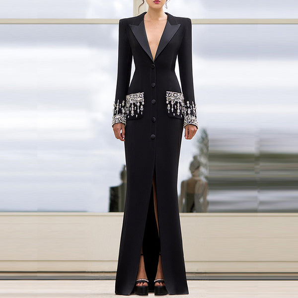 Beaded Diamond Tailored Collar Fishtail Dress