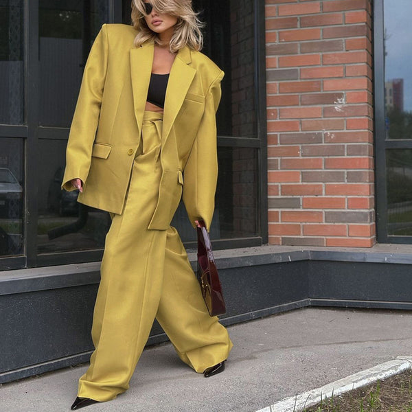 Collared Baggy Coat & High Waist Wide Leg Pants