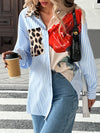 Autumn Casual Vacation Personality Trendy Printed Striped Stitching Shirt Women