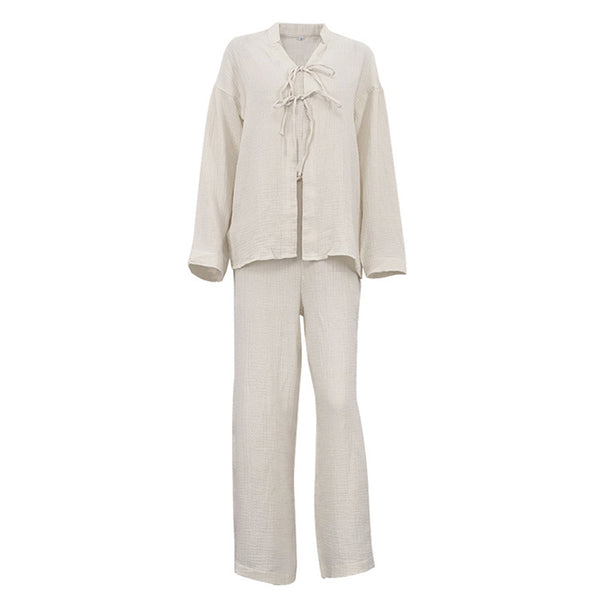 Cotton Champray & Lace up Cardigan Top Loose & Pants