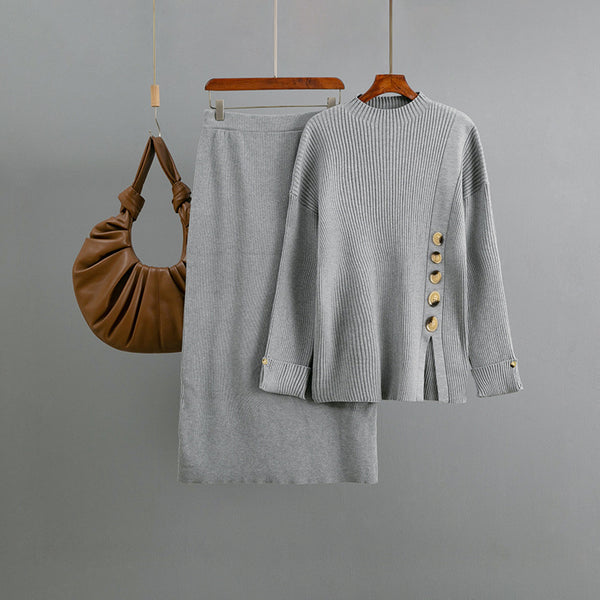 Side Slit Tortoise Button Sweater & Skirt