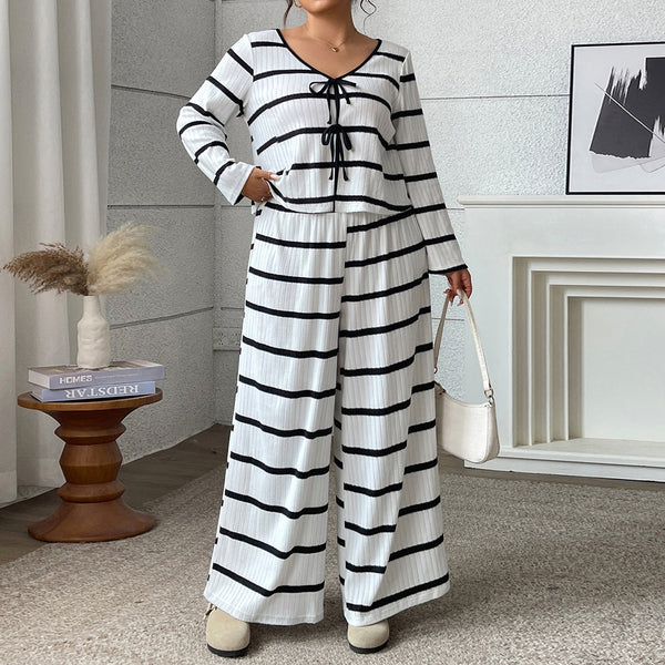 Striped Lace Up Top & Casual Loose Wide Leg Pants