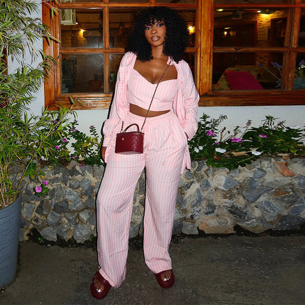 Long Sleeve Shirt, Sweet Vest, & High Waist Straight Pants Three Piece Sets