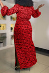 Red Tropical Leaf Belted Dress