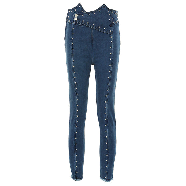 High Waist Two Buttons Beaded Denim Pants