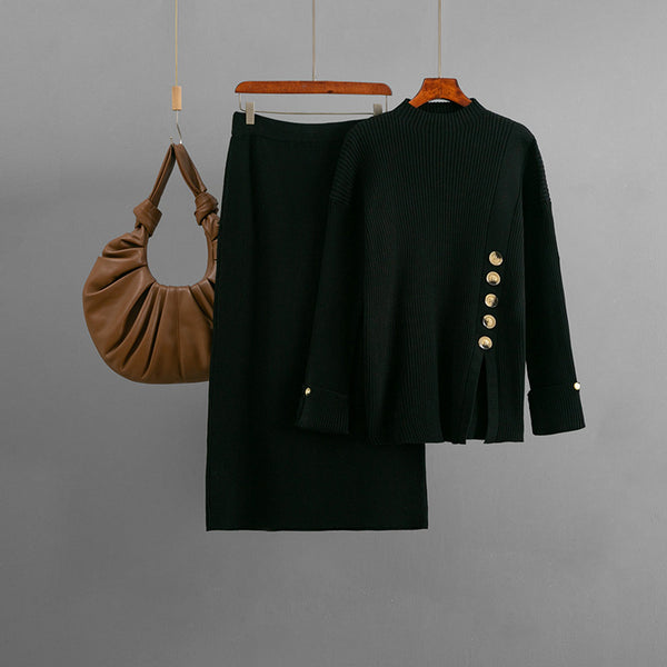 Side Slit Tortoise Button Sweater & Skirt