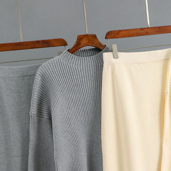 Side Slit Tortoise Button Sweater & Skirt