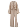 Casual Ruffled V Neck Lace Up Top & Loose Wide Leg Pants