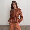 Brown Drawstring Ruffle Leather Coat