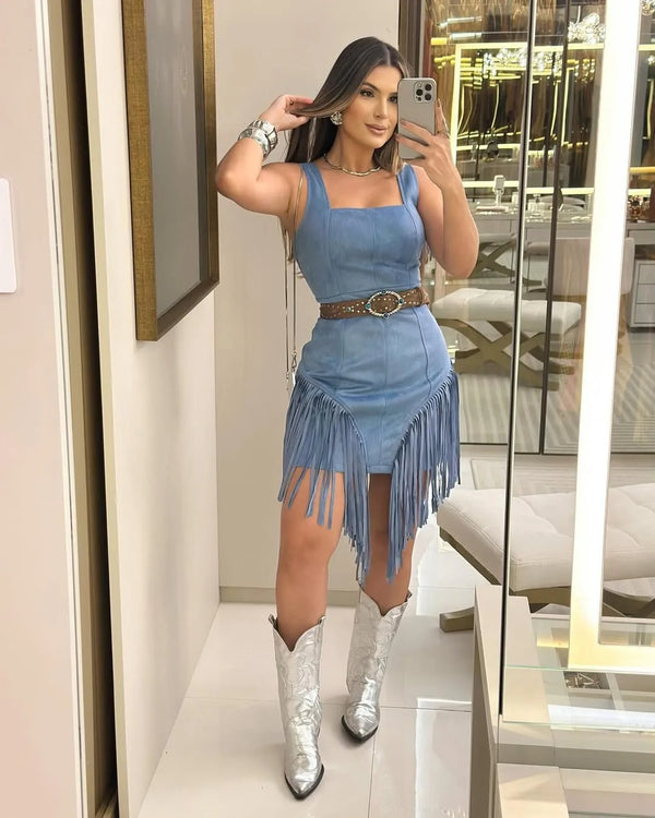 Square Collar Sling Tassel Dress