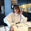 White Casual Loose Puff Sleeve Pleated Shirt
