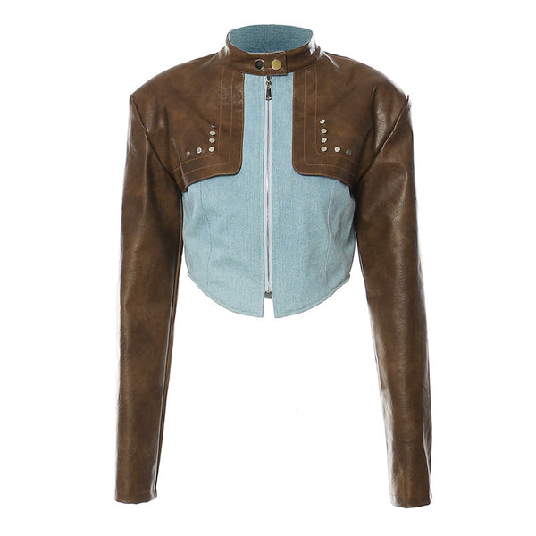 Vintage Leather Contrast Short Chic Leather Jacket