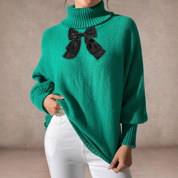 Batwing Sleeve Top Lace Bow Turtleneck Pullover