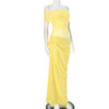 Canary Yellow Off Neck Mesh Stitch Pleated Dress