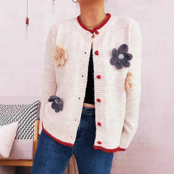 3D Floral Contrast Knitted Sweater Cardigan
