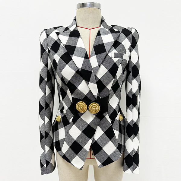 Star Big Metal Buckle Black White Plaid Slim Fit Blazer Jacket