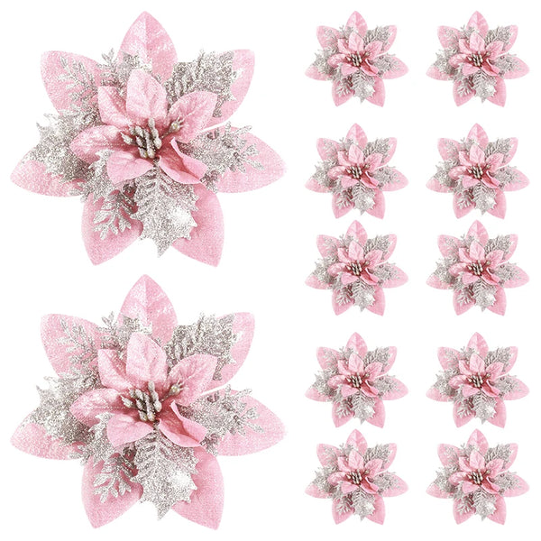 5/10Pcs Glitter Pink Christmas Flowers