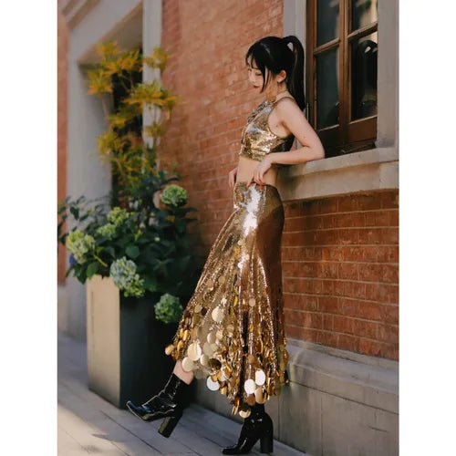 Gold & Silver Long Sequin Skirt