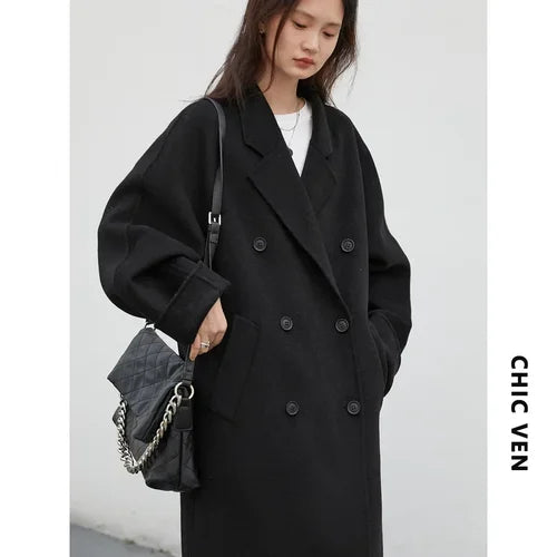 CHIC VEN Women Long Double-sided Woolen Coats Retro Loose Female Overcoat Double Breasted Ladies Windbreak Autumn Winter 2023