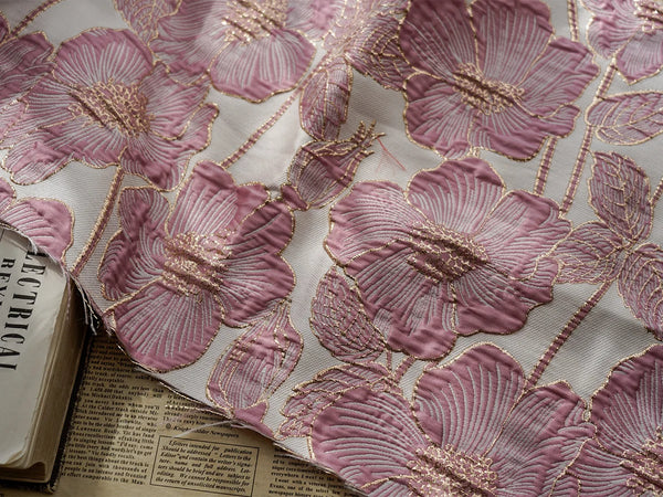 Cocoa Yacht Club Embossed Gold Silk Flower Jacquard Fabric