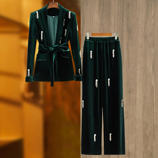 Cocoa Yacht Club Dark Green Velvet Pants Suit
